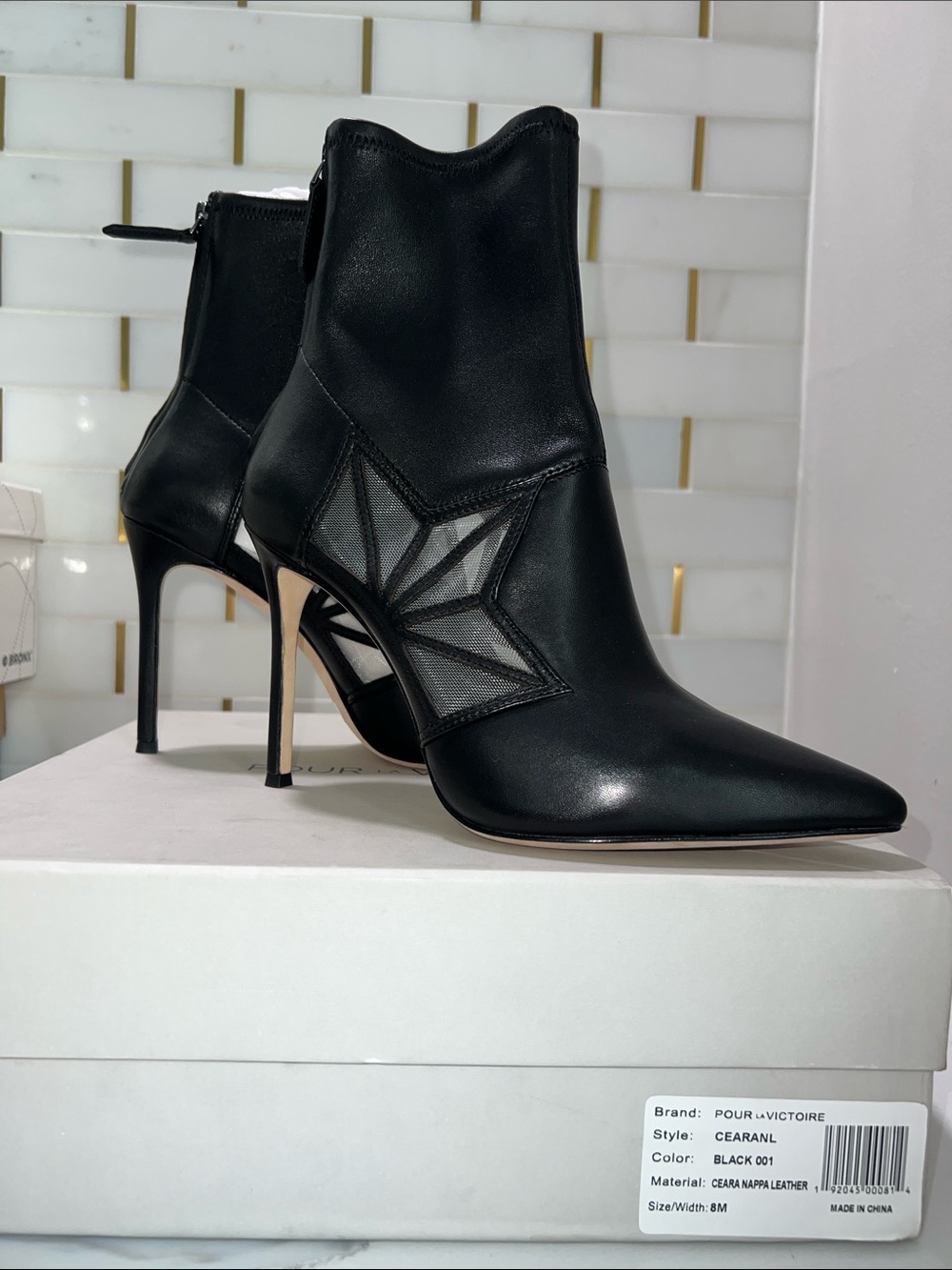 Pour La Victoire Black Leather Pointed Mesh-Panel Stiletto Ankle Boot
